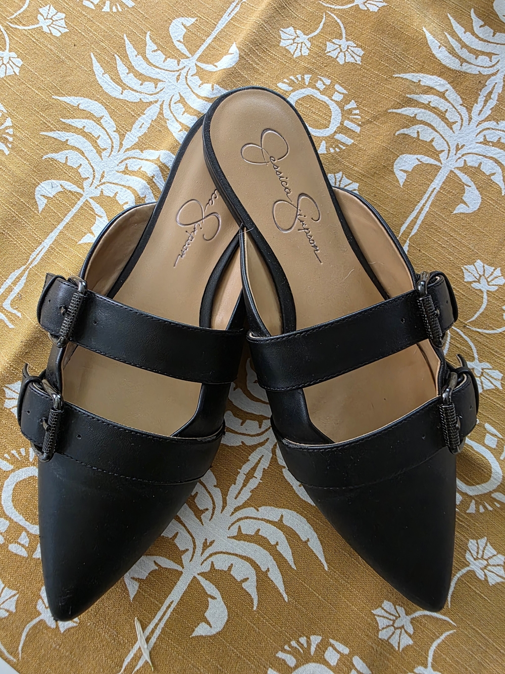 Jessica Simpson Black Pointed Double-Buckle Mules